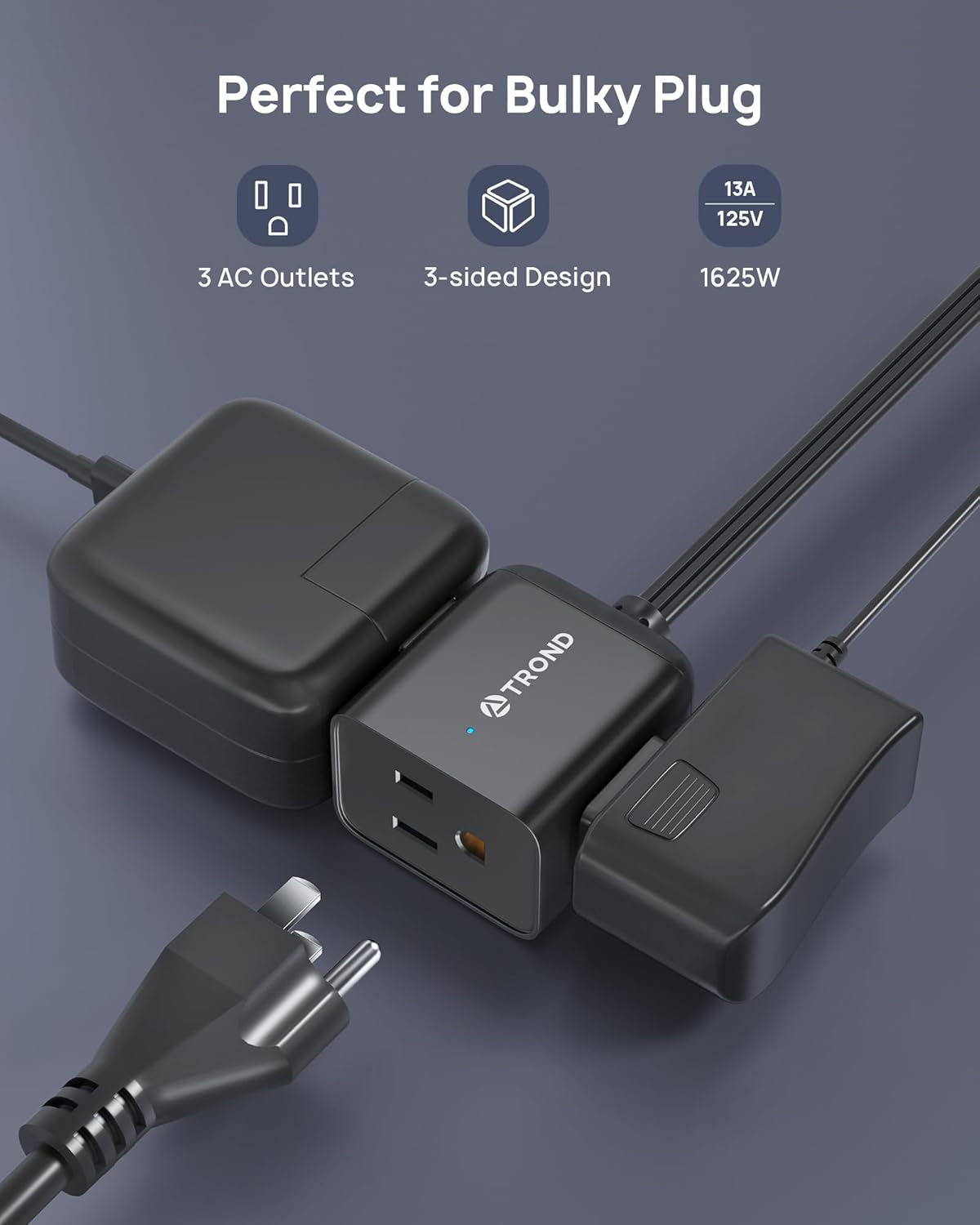 TROND 360° Rotating Flat Plug Extension Cord 15ft, Low Profile Small Power Strip, 3 Side Grounded Outlet, 13A, SPT 16/3 Gauge Cable for Indoor Home Office Kitchen Cruise Travel Essentials, Black