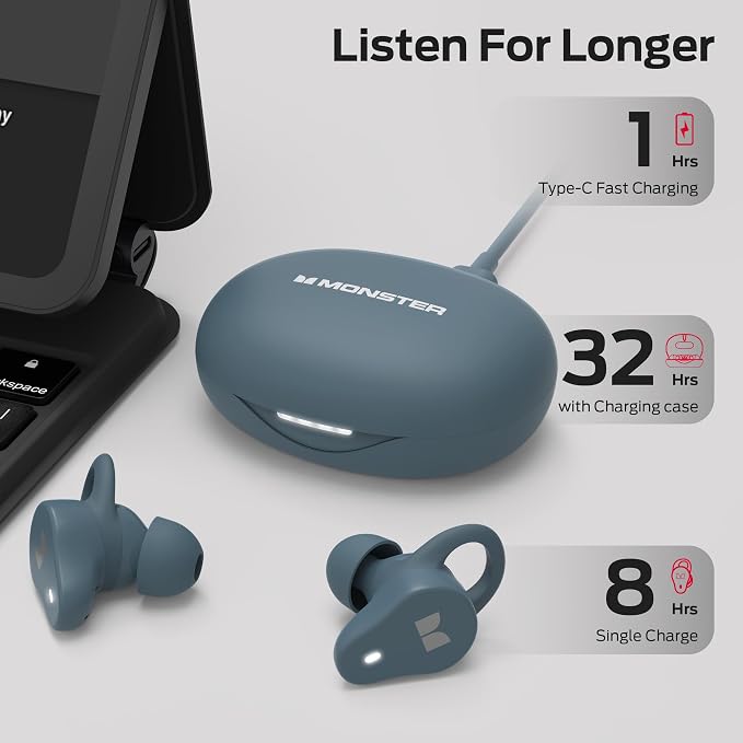 Monster N-Lite 210 Wireless Earbuds, Bluetooth 5.4 in Ear Stereo Headphones, Built-in Mic for Crystal Clear Call, 32H Playtime, Waterproof Earphones for Sports, Blue