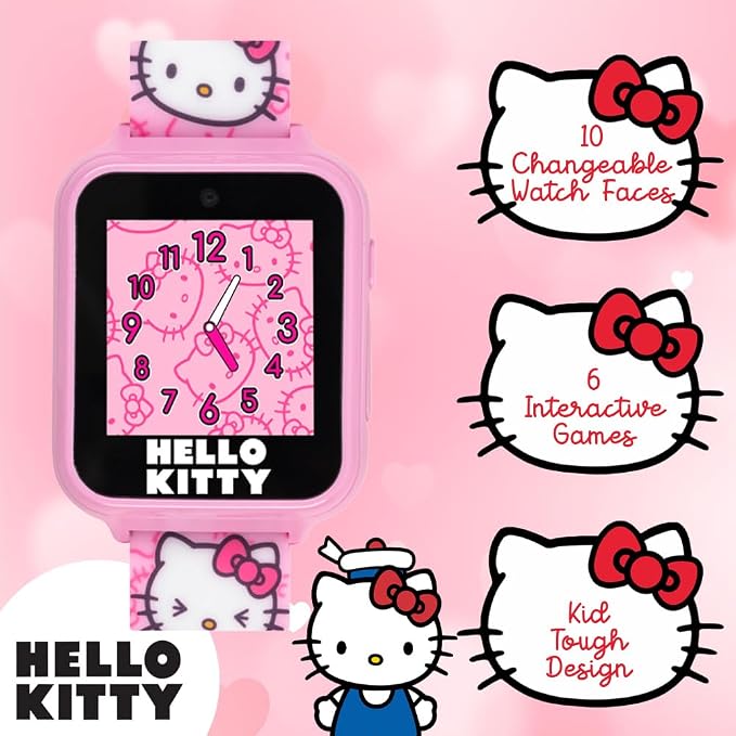 Hello Kitty Kids Smartwatch - Interactive Touchscreen with 10 Watch Faces, Camera, Games, Alarm, Step Tracker & More - Fun Gift for Girls with Pink Silicone Strap - Fits Wrists 5.5'' to 8.0"