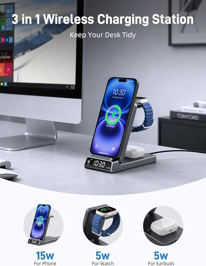 3 in 1 Charging Station for Apple, ELECDOV Magnetic Charger for iPhone, Foldable Wireless Charger with Clock, Travel Watch Charger Stand for iPhone 17/Air/16/15 Series, iWatch 10/AirPods 4 (Grey)