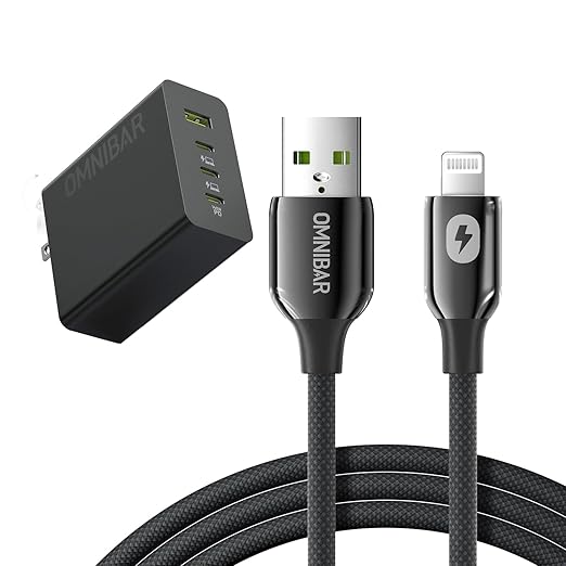 140W USB C Charger Block with 6FT USB A to Lightning Cable, Omnibar 100W 4-Port Laptop Fast Charger with Braided MFi Certified Lightning Cable for MacBook,iPad, iPhone 17/16/15,Samsung S25/S24,AirPods