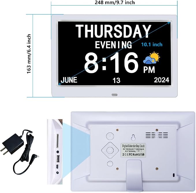 AINFTIME DST Digital Clock with Date and Day of Week for Elderly-12 Alarms Medication Reminder Dementia Alzheimers Clock Calendar with Extra Large Display (10.1 inch White)