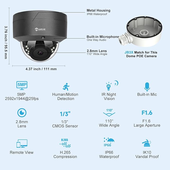 Anpviz 5MP PoE Camera, Outdoor Vandal Dome Security PoE IP Camera (Grey) | 98ft Night Vision, H.265, 24/7 Recording Waterproof IP66 Indoor, Wide Angle 2.8mm, NDAA, IPC-D250G-SE (U Series)