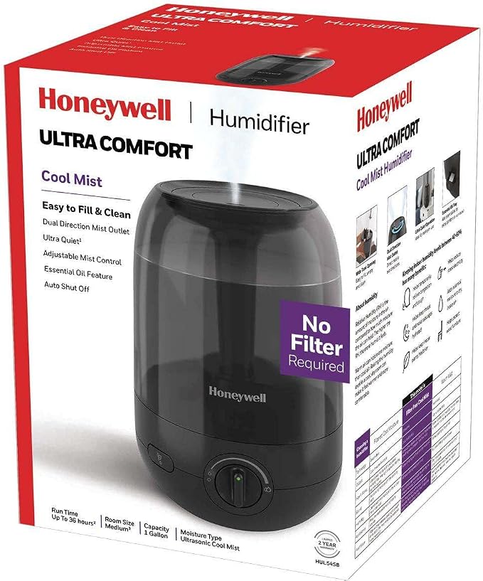 Honeywell Ultra Comfort Cool Mist Humidifier, No Filter, Easy to Fill and Clean, Cleaning Brush Included, Ultra Quiet, Use Air Humidifier with Essential Oils for Extra Comfort, Black, HUL545B
