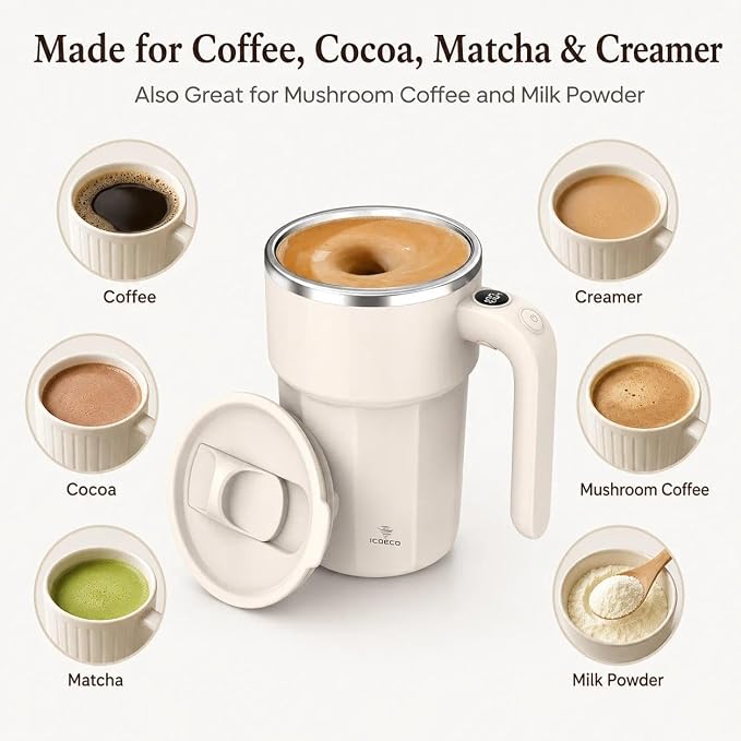 Self Stirring Coffee Mug, 12oz Rechargeable Magnetic Mixing Cup with Temperature Display, 316 Stainless Steel Electric Stirring Cup with Lid & Handle for Coffee, Cocoa, Matcha, Creamer, Mushroom Coffe