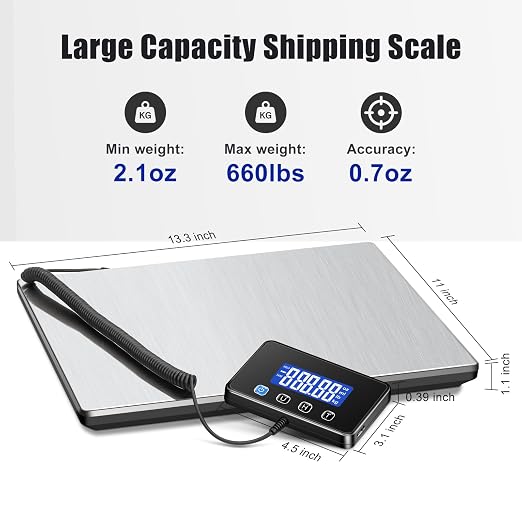 KUAIVO 660 lb Shipping Scale with Large LCD Display, Heavy Duty Postal Scale, 7 oz Accuracy, Digital Package Scale for Warehouse, Freight, Industrial and Home Business