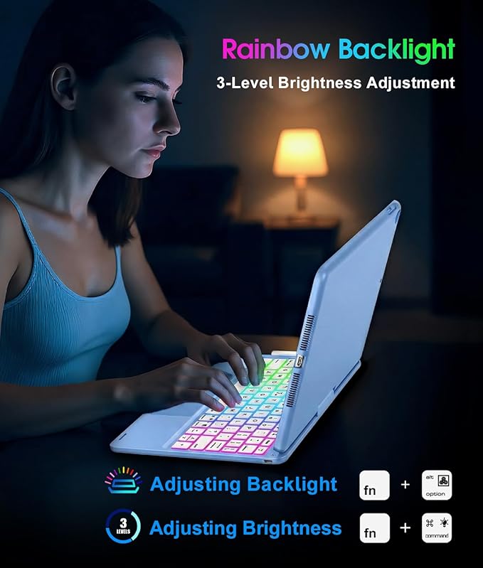 Baisla iPad 9th Generation Case with Keyboard 10.2" (2021), 360° Rotatable with Trackpad & Rainbow Backlit, iPad Keyboard case for 9th/8th/7th, iPad Air 3, iPad Pro 10.5 (Sky Blue)