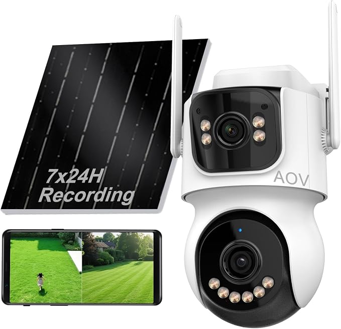 AOV 8MP Dual-Lens Solar Security Camera Wireless Outdoor，24/7 Recording, 360° PTZ，Human Detection &Auto Tracking, 9W Solar Panel & 10000mAh Battery, WiFi 6, 2-Way Audio, Night Vision for Home Security