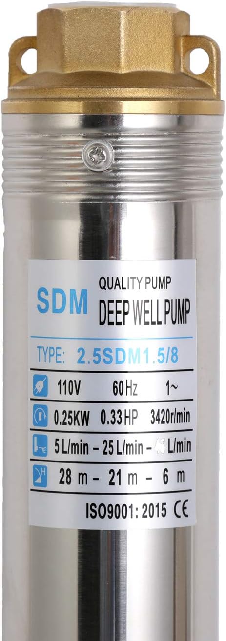 Submersible Pumps 2.5" OD Pipe 110V/60HZ 0.25KW 0.33HP Stainless Steel 1" Outlet Submersible Bore Pump Deep Well Pump with Control Box for Farm Irrigation