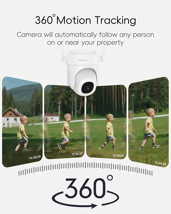ZUMIMALL 2K 3MP Wired Camera for Home Security, 2.4G/5G WiFi Security Camera Outdoor, 24/7 Recording, AI Motion Detection, Cloud & SD Card Storage, 2-Way Audio, 360° PTZ Auto Tracking, Work with Alexa