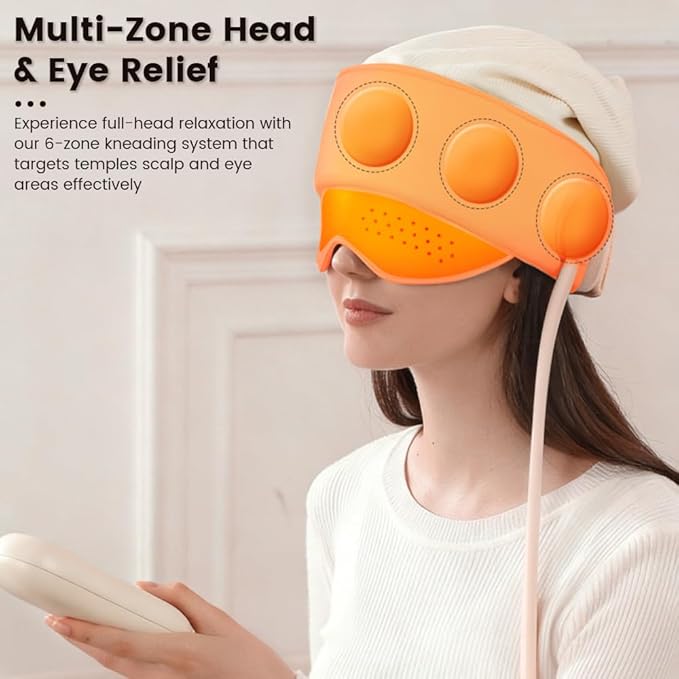 Electric Head and Eye Massager with Heat, Rechargeable 6-Zone Scalp Massager, 4 Modes & 3 Warmth Settings, Ideal for Stress Relief and Home Relaxation