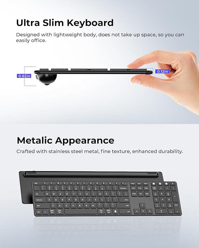 seenda Wireless Bluetooth Keyboard and Mouse Combo, SKM64-3 Rechargeable Slim Quiet Keyboard Mouse, 3 Multi-Device Connection, Compatible for Windows 11/10 PC Laptop Mac MacBook iPad, Black