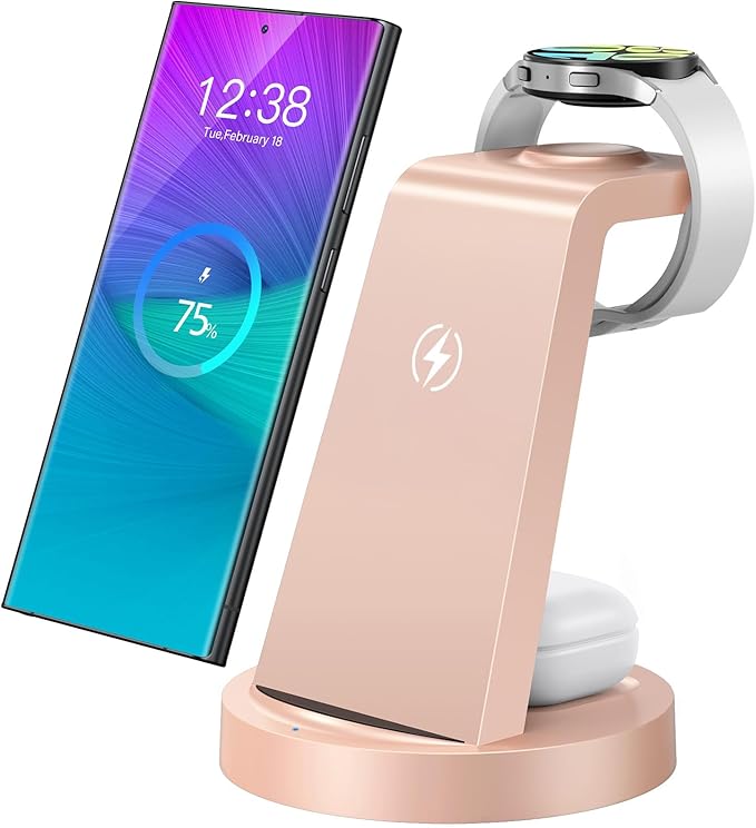 Wireless Charger for Samsung: 3 in 1 Wireless Charging Station for Samsung Galaxy Watch 8 7 6 5 4 3 Pro Classic Galaxy Buds - Rose Gold