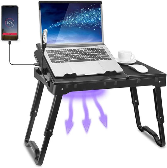 TeqHome Laptop Desk for Bed, Adjustable Table with Fan, Portable Lap Desk, Foldable Legs, Stand for Couch Sofa, Tray with LED Light, 4 USB Ports, Storage, Mouse Pad