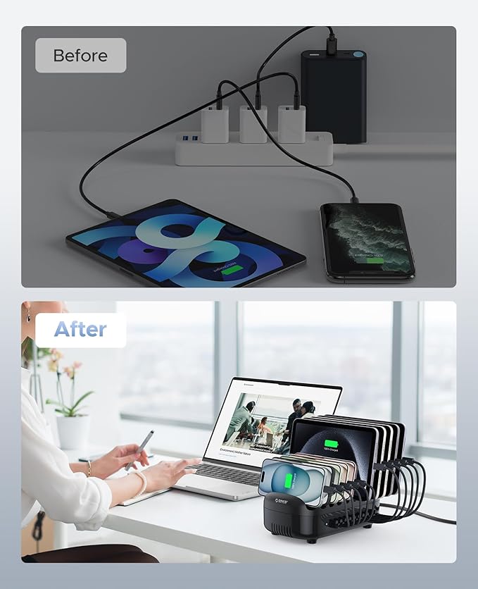 ORICO 120W Charging Station for Multiple Devices, 10-Ports USB Charging Docking Organizer Station, Multi USB Charging Station Compatible with iPad, Tablet, Kindle, Airpods and Cell Phone