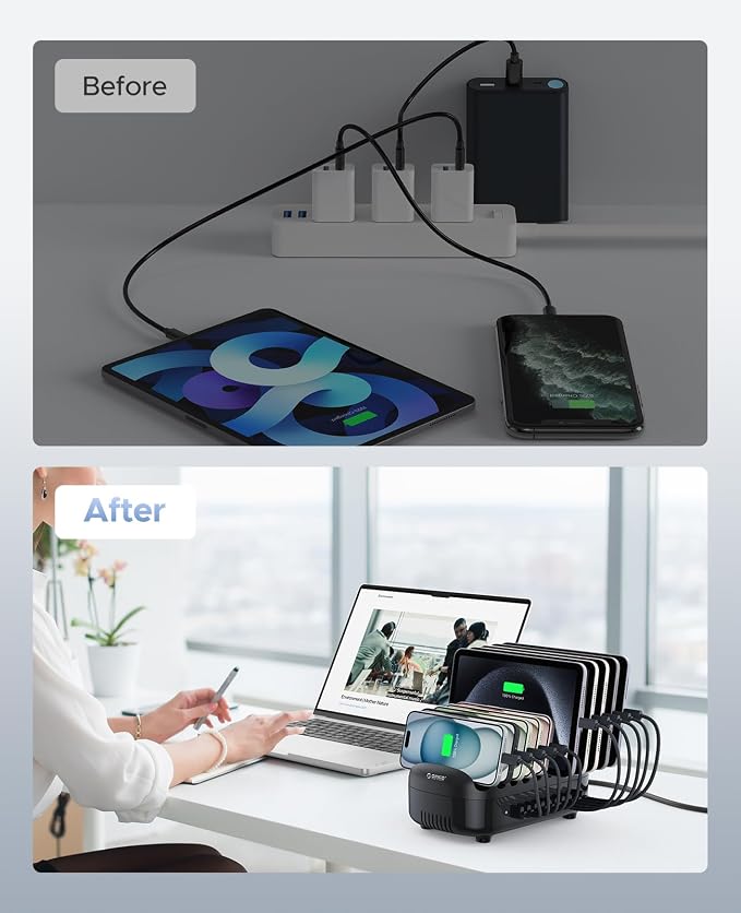 ORICO 120W Charging Station for Multiple Devices, 10-Ports USB Charging Docking Organizer with Cables, Multi USB Charging Station Compatible with iPad, Tablet, Kindle, Airpods and Cell Phone