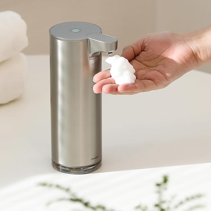 mooas Automatic Foaming Hand Soap Dispenser 2 Set (White & Metal) Stainless Steel Rechargeable 2 Level Adjustable Touchless Soap Dispensers for Kitchen, Bathroom, Commercial 9.4oz Each