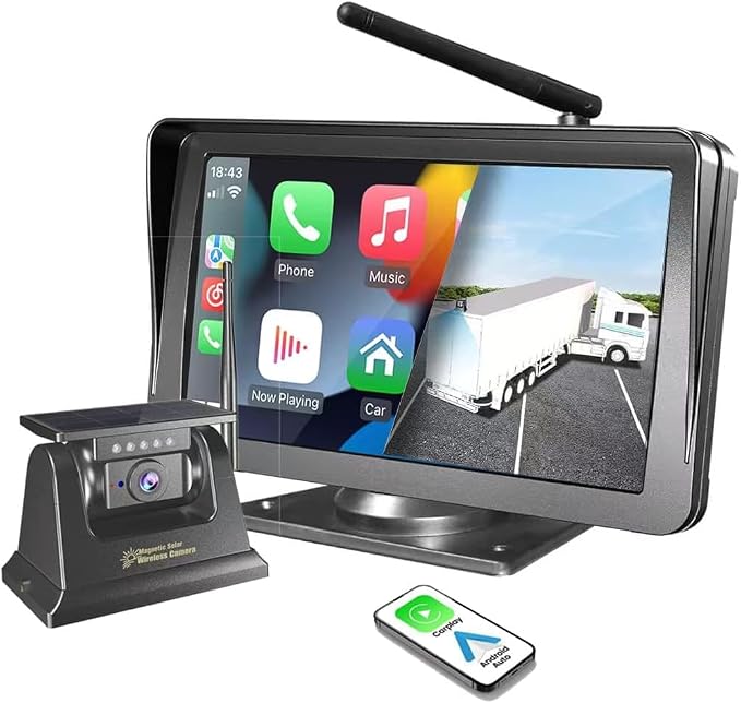 7'' Radio Stereo Carplay Android Auto, Magnetic Solar Power,Wireless Bluetooth Back up Reverse Rear View Camera forRV rigtrailer Tractor Trailer Truck GPS Navavigation Multi Media Player