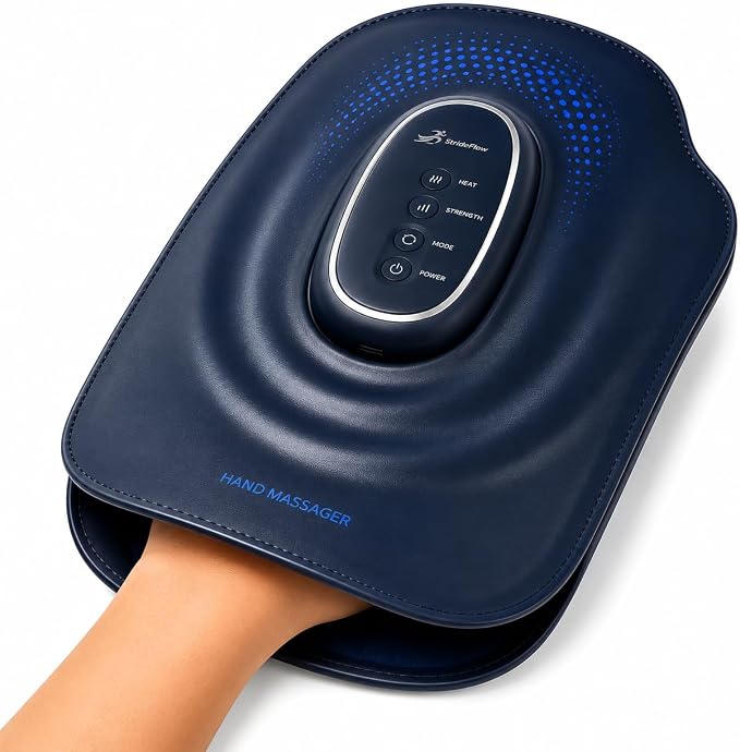 STRIDEFLOW Hand Massager with Heat and Compression for Arthritis and Carpal Tunnel Relief, Air Compression Glove for Hand & Wrist Pain, FSA-HSA Eligible, Fathers Day Gift for Men, Deep Blue