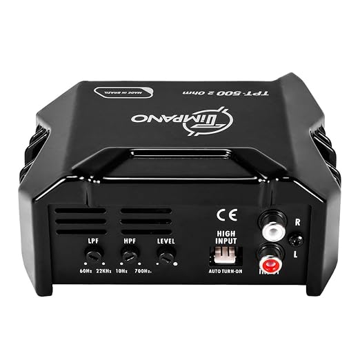 TIMPANO TPT-500 2 Ohms Compact 1 Channel TPT500 2 Ohms Car Audio Amplifier – 1x 500 Watts at 2 Ohms – Mini Stereo 12 Volts Full Range Class D Amp