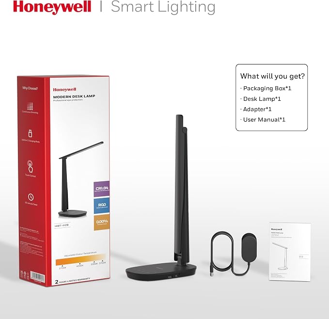 Honeywell HWT-H2 LED Desk Lamp for Home Office, CRI94 Full Spectrum Eye-Caring Light, Dimmable Table Lamp with USB-A & USB-C Charging Ports, Foldable Touch Control Reading Lamp, Black
