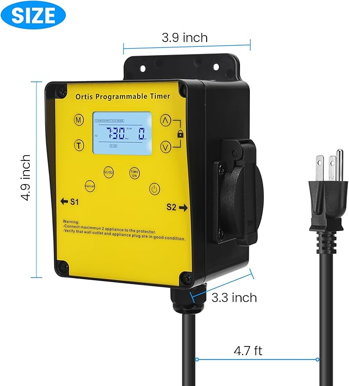 Ortis Above Ground Smart Pool Timer, Dual Waterproof Outlets for Pump & Salt System, Countdown & 24H Auto Cycle Modes, LCD Display, Outdoor Heavy-Duty Timer for Filters & Pumps