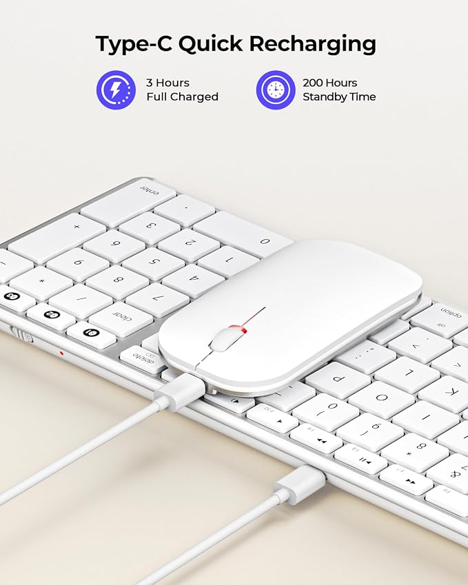seenda Bluetooth Keyboard and Mouse Combo for Mac, SKM64-2 Rechargeable Silent Wireless Keyboard Mouse Compact Slim, 3 Multi-Device Connection, Compatible for Mac MacBook Pro/Air iPad, White Silver
