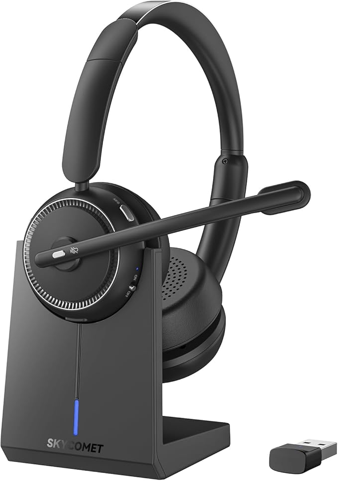 Wireless Headset with Mic for Work, Bluetooth Headset with Noise Canceling Mic & Charging Base, Wireless Headphones with Mic for Remote Workers/Call Center/PC/Laptop/Computer/Home/Office/Zoom/Teams