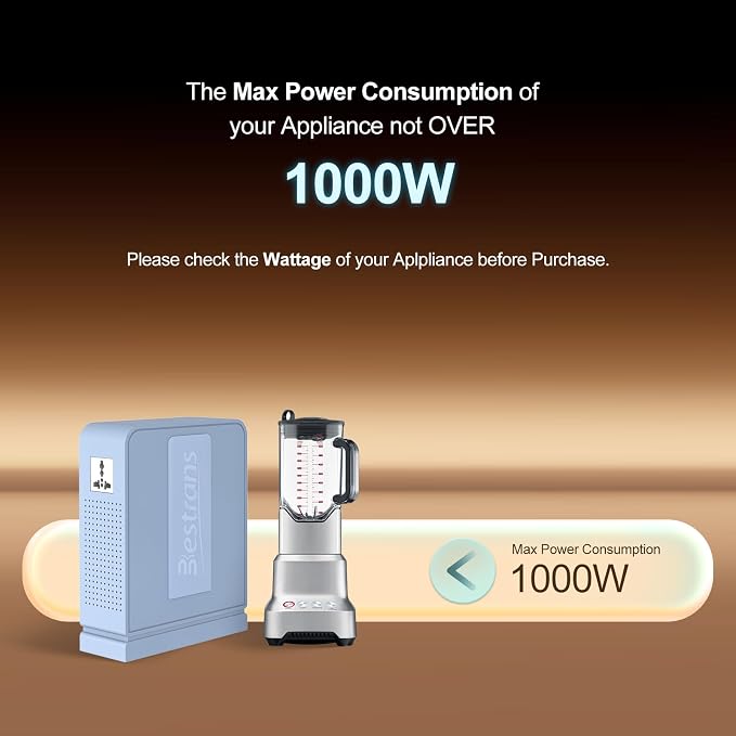 1000W Step Up Transformer 110v to 220v Converter, Heavy Duty Voltage Converter 110v-120v to 220v-240v with Dual Outlets, Overload Protection & Ultra-Quiet for Home Appliances, Light Blue