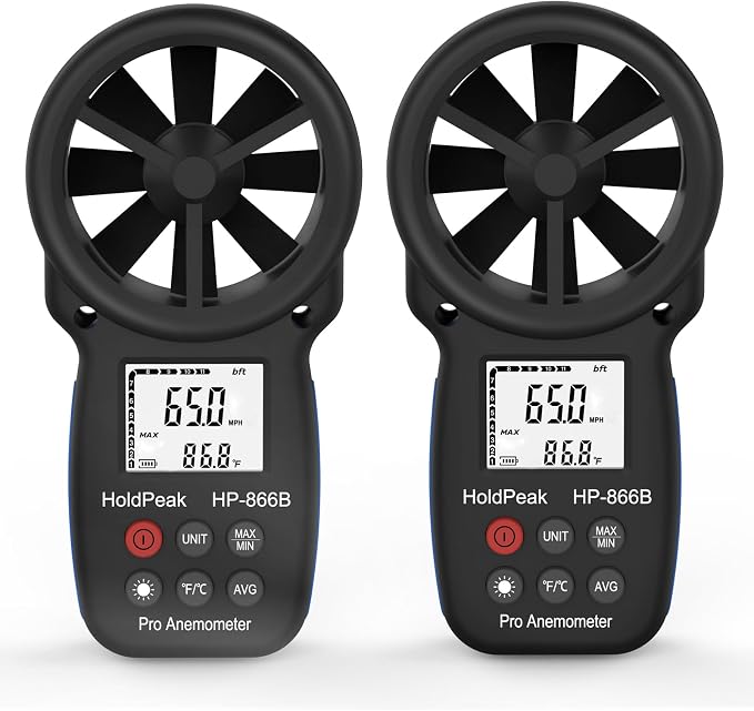 [2 PCS] HoldPeak 866B Handheld Anemometer, Digital Wind Speed Gauge Meter, Air Flow Velocity Temperature CFM Measuring Device for HVAC Outdoor Sailing Shooting Golf