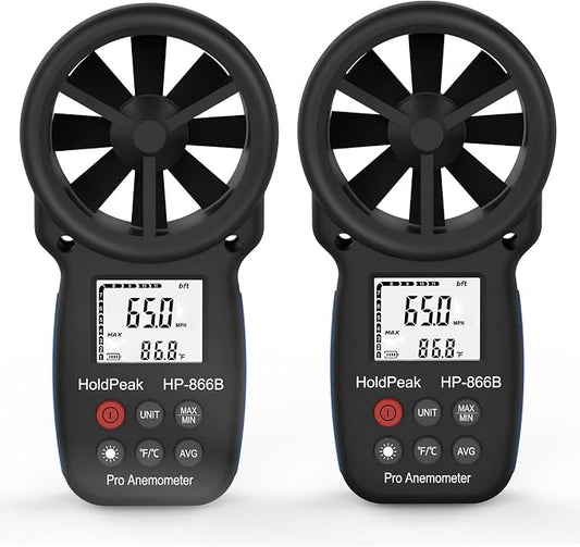 [2 PCS] HoldPeak 866B Handheld Anemometer, Digital Wind Speed Gauge Meter, Air Flow Velocity Temperature CFM Measuring Device for HVAC Outdoor Sailing Shooting Golf