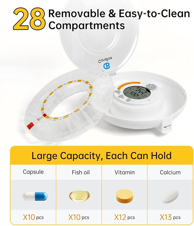 Wi-Fi Automatic Pill Dispenser 28-Day Medication Assistant for Seniors & Caregivers with Remote App Monitoring, Alarms, Sound Light Reminders, Tracks Adherence History, Clear LCD Display, Key Lock