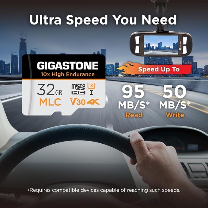 [10x High Endurance] GIGASTONE Industrial 32GB MLC Micro SD Card, 4K Video Recording, Security Cam, Dash Cam, Surveillance Compatible 95MB/s, U3 C10, with Adapter [5-Yrs Free Data Recovery]
