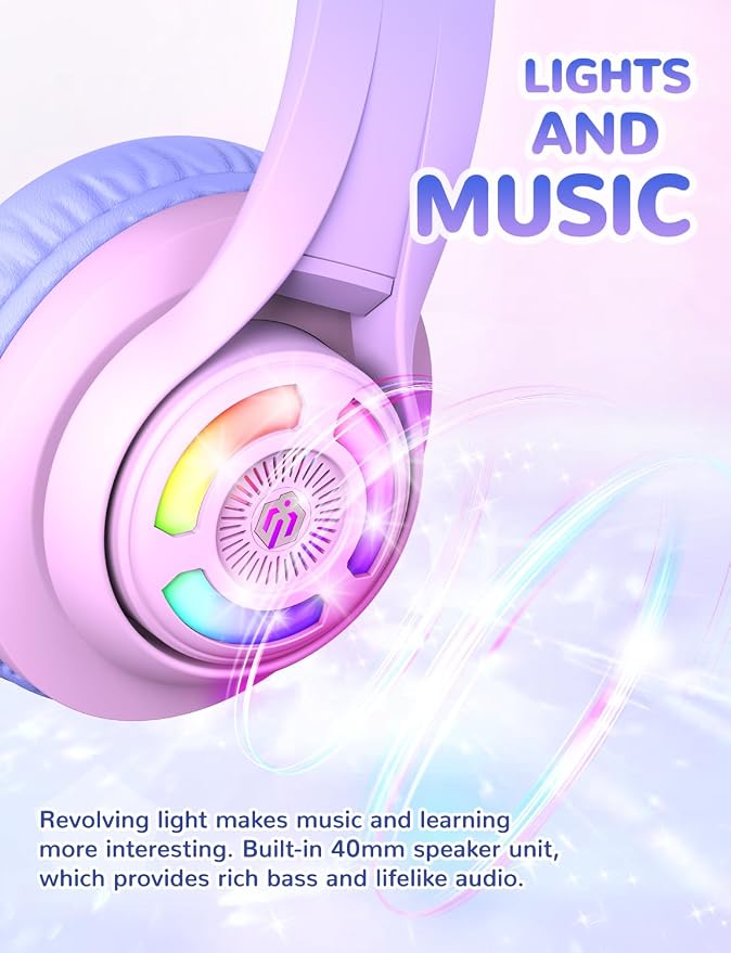 iClever Cat Ear Kids Bluetooth Headphones, LED Lights Up, 74/85dBA Volume Limited, 50H Playtime,Bluetooth 5.2, USB C, Kids Headphones Wireless for Travel iPad Tablet, Meow Macaron-Gradient Pink