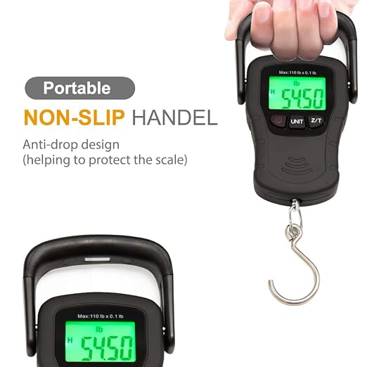 Commercial Grade Heavy Duty Digital 110lb/50kg Capacity Hanging Scale with Backlit and Measuring Tape for Luggage Fish Fishing with Comfortable Handle and Large Hook