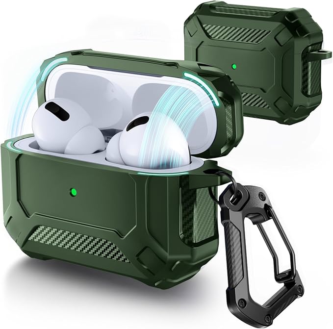 Lerobo for AirPods Pro 2 Case with Cleaner Kit,Hard Protective Cover Compatible with Apple AirPods Pro 2nd/1st Generation with Keychain, Powerful Drop Protection, Magnetic Lid,Cyber Series, Green