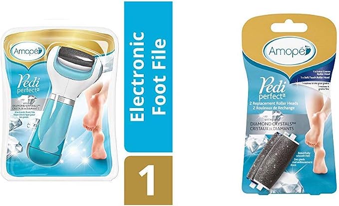 Amope Pedi Perfect Electronic Dry Foot File-Callus Remover With Diamond Crystals, Blue, Regular Coarse, Batteries Included and Pedi Perfect Electronic Foot File Mixed Refills, 2 Count