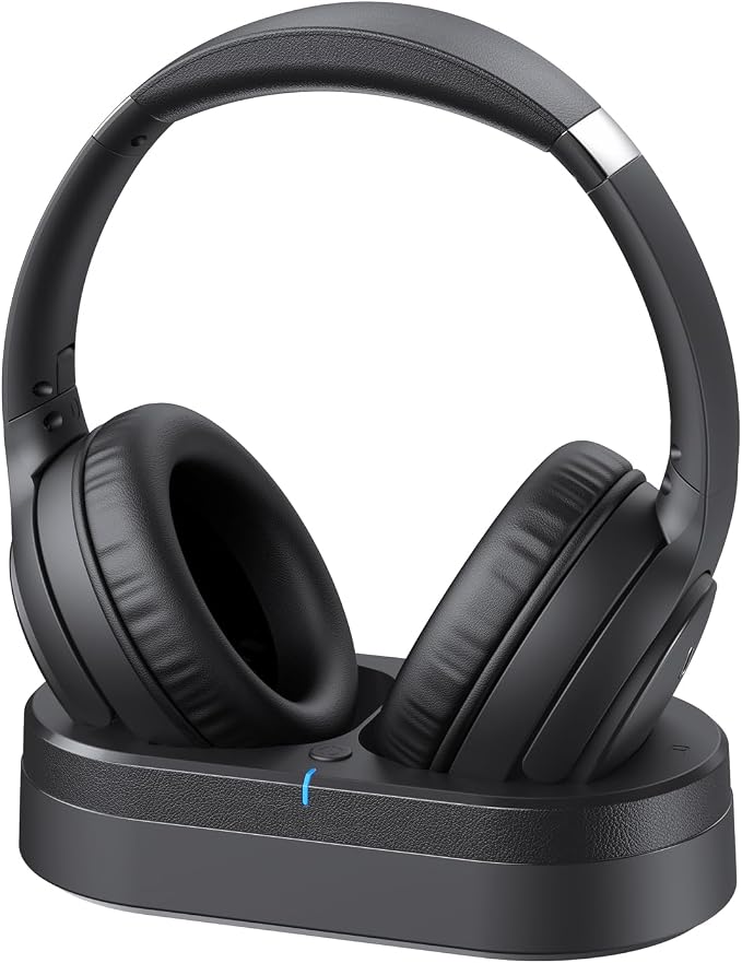 Wireless Headphones for TV Watching, TV Headphones Wireless for Seniors with Versatile Transmitter Charging Dock, Instant Audio Sync, 60-Hour Playtime, Perfect for Parents & Seniors, Black