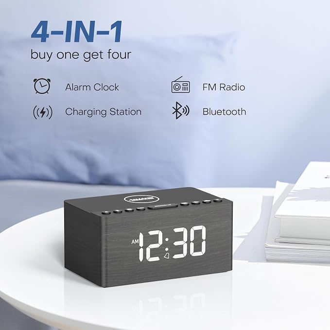 ANJANK Wooden Bluetooth Speaker Alarm Clock with Fm Radio, Wireless Charging Station for iPhone/Samsung, USB Charger Port, Dimmable Display, Sleep Timer, Digital Wood Bedroom, Bedside Grey+bluetooth