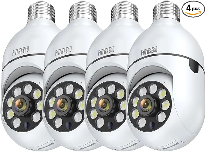 EVERSECU 4pack 1080P Wireless Light Bulb Security Camera, 2.4g & 5g WiFi, Auto Tracking, 2 Way Audio, Smart Night Vision, Support ONVIF & RTSP, Work with Alexa, SD Card & Cloud Storage, Free App