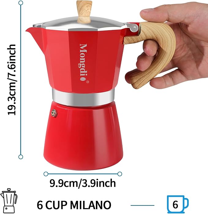 Mongdio Stovetop Espresso Maker Moka Pot, Cuban Coffee Maker Stove top coffee maker Moka Italian Espresso Greca Coffee Maker Brewer Percolator, 6 Espresso Cups, 10 oz - Red