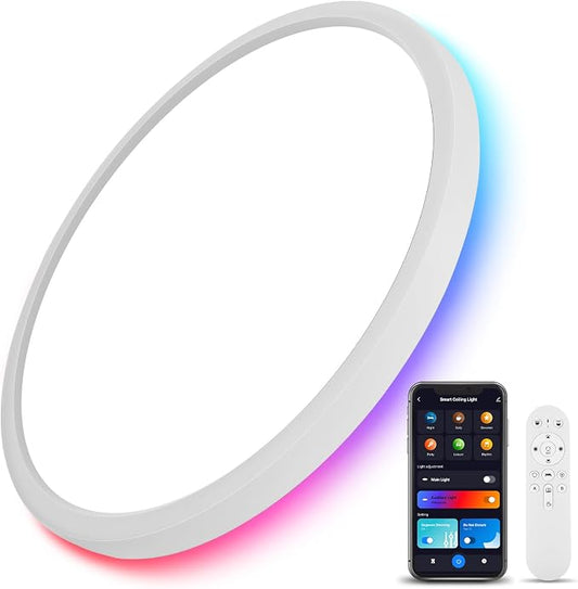 Smart RGB LED Ceiling Light with Remote, 12" WiFi Flush Mount Ceiling Light Works with Alexa & Google Home, 24W 2640LM Dimmable, DIY Colors & 2700K-6500K, for Bedroom Living Room, 1 Pack
