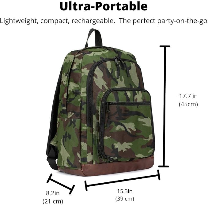 Super Real Bluetooth Speaker Backpack with 20-Watt Speakers & Subwoofer for Parties/Festivals/Beach/. Rechargeable, Works with iPhone & Android (Camouflage, Latest Premium Edition)