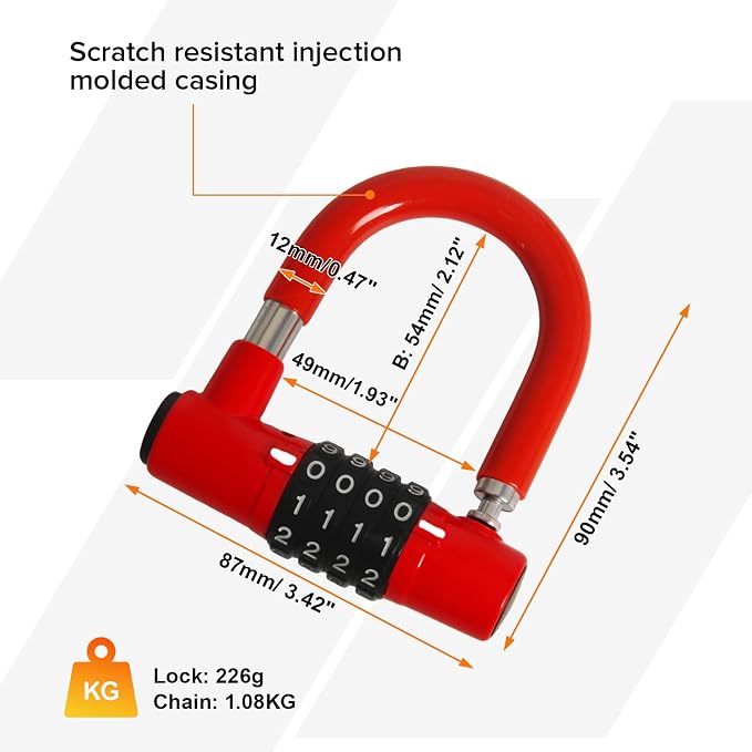 Bike Chain Lock Combination, 4 Digit Mini U Lock Anti-Theft Bicycle Lock Combo, 3.3FT x 8mm Security Steel Chain Locks for Electric Bike, Scooter, Motorcycle ﻿