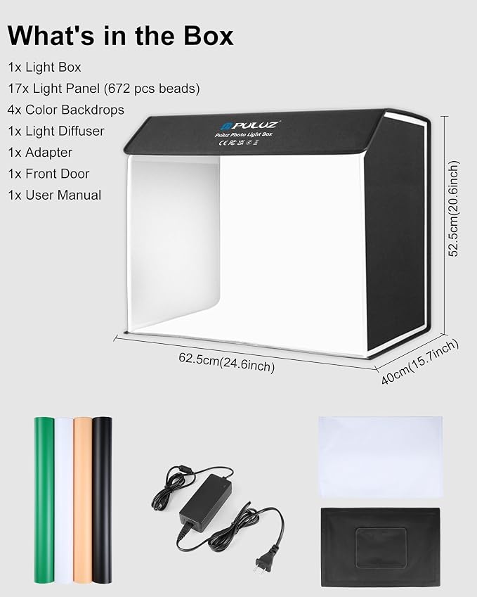 PULUZ 24x16 inch Photo Box, Large Photo Studio Light Box Photography, Professional 3000-6500k Dimmable Shooting Tent Kit with 672 LED Lights & 4 Backdrop for Jewelry and Food Product Photography