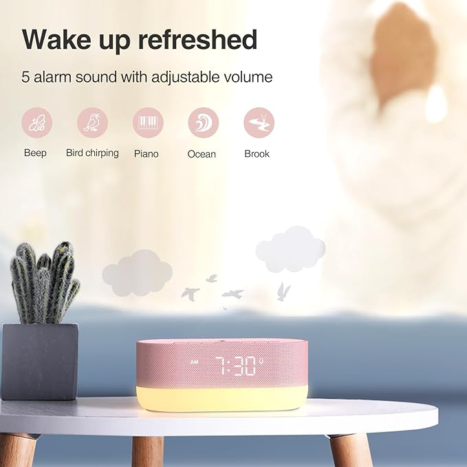 HOUSBAY Sound Machine with Alarm Clock for Bedrooms, Dual Speakers, 21 HiFi Sounds, 10W Wireless Charger, Unlimited Sound, Bluetooth, 10 Night Light, White Noise Machine for Sleeping, Pink