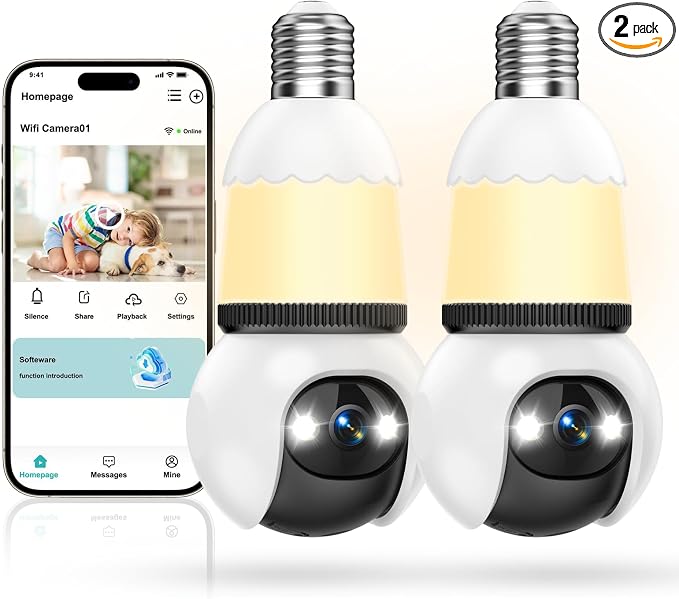 Hawkray Light Bulb Security Camera, 2 Pack, 2.4GHz & 5GHz Dual Band WiFi, 2K Full Color Night Vision, 360° Pan Tilt Wireless Indoor Outdoor Camera with Motion Detection, Two-Way Audio, Siren Alarm
