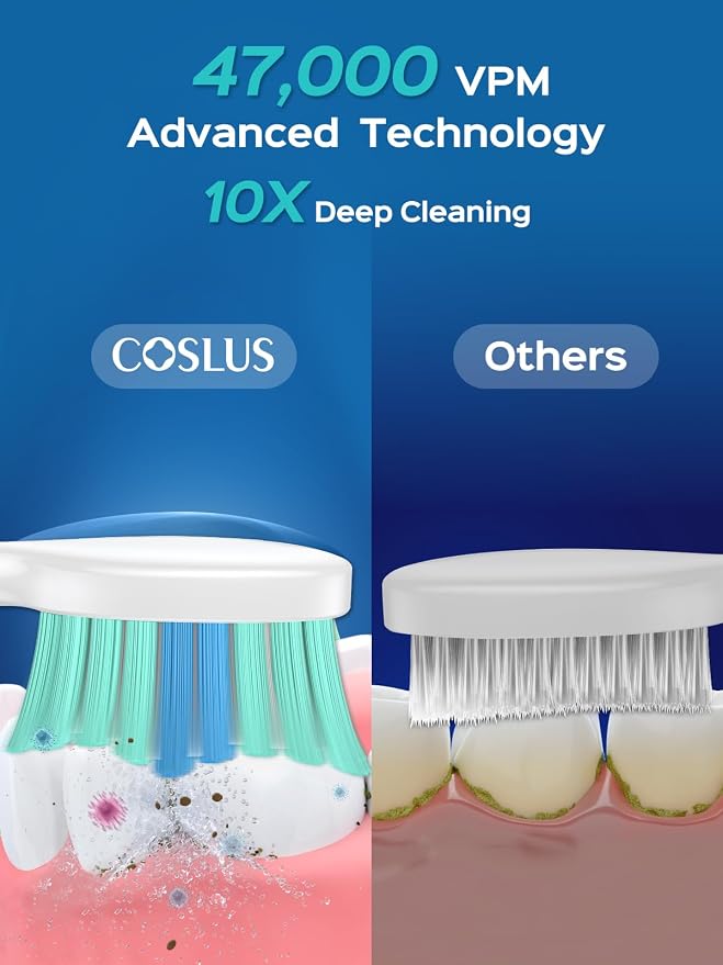 COSLUS Electric Toothbrush for Adults and Kids: Wireless Rechargeable Tooth Brush with Portable Travel Case, 5 Modes 47000 VPM Power Toothbrushes 6 Brush Heads 1 Charge for 70 Days 2 Items