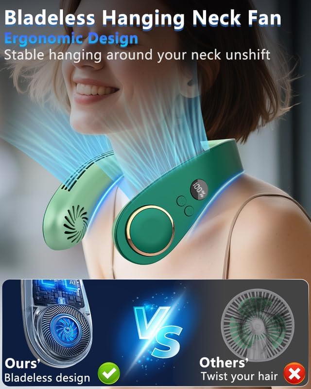 Neck Fan Air Conditioner,Neck Fans that Blow Cold Air,[3-19.5 Hours] Long Battery Life Neck Coolers for Extremely Hot Weather Flashes,Fanless Handsfree Hangs Fan Around Neck Headband Devices Green