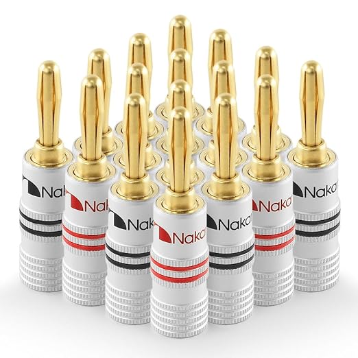 Nakamichi Excel Series 24k Gold Plated Banana Plugs 12 AWG - 18 AWG Gauge Size 4mm for Speakers Amplifier Hi-Fi AV Receiver Stereo Home Theatre Radio Audio Wire Cable Screw Connector 16 Pcs (8-Pairs)
